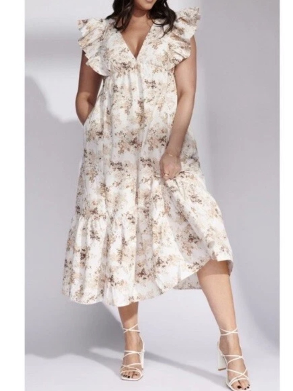 Abercrombie & Fitch Ecru Dress Brown Floral Print ruffle sleeve tier skirt sz M